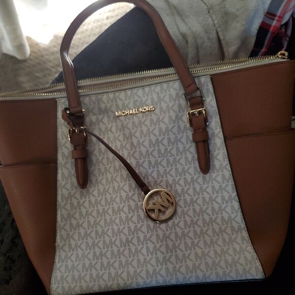 Handbags - Michael Kors Voyager East/West Tote Bag Vanilla Acorn MK Logo Canvas Brown